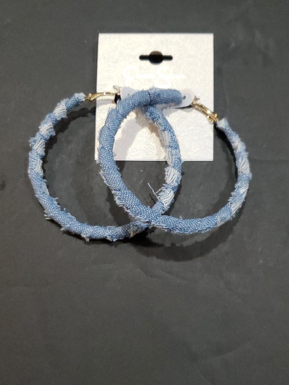 Jessica Simpson blue denim wrapped boho hoop festival earrings brand new